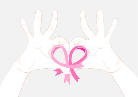 Breast cancer awareness concept illustration: ribbon symbol and human hands in heart shapeのイラスト素材