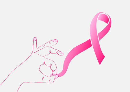 Breast cancer awareness ribbon symbol and human hand shape backgroundのイラスト素材
