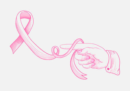 Breast cancer ribbon symbol awareness concept with human hand as consciousness concept illustrationのイラスト素材