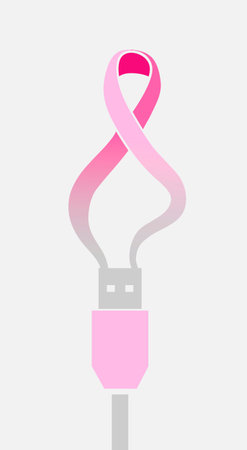 Breast cancer ribbon symbol awareness concept with usb wire, communication as collaboration concept...