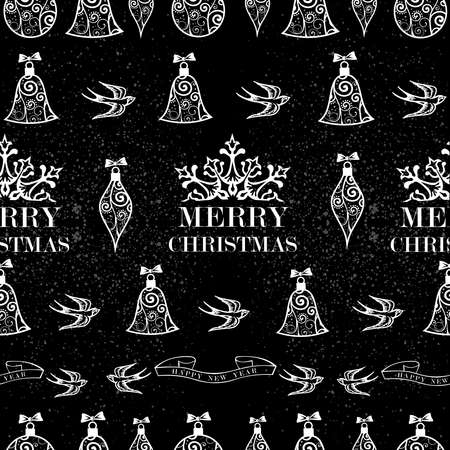 Merry Christmas birds, ribbons and other elements seamless pattern with grunge backgroundのイラスト素材