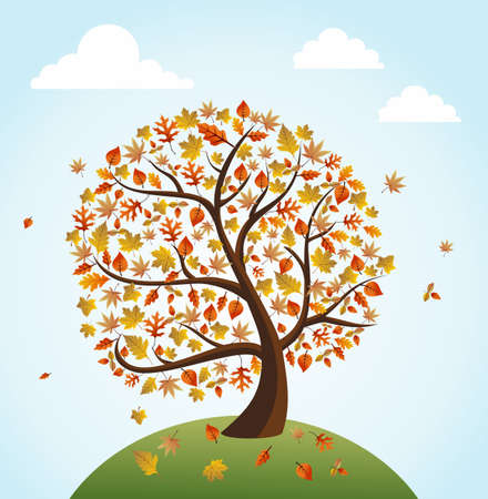 Vintage autumn composition. Tree with falling leaves over world illustrationのイラスト素材