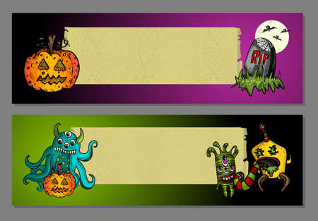 Halloween monsters and typical elements blank space web banners setのイラスト素材