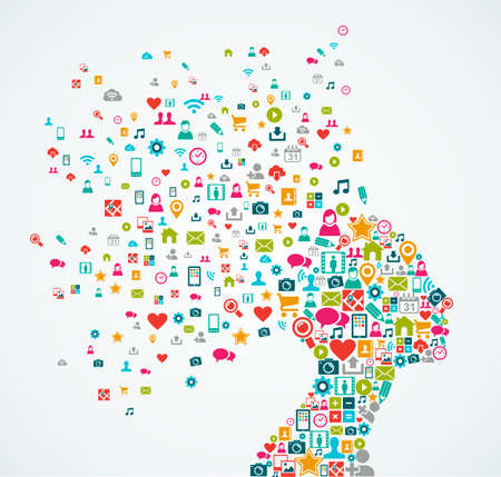 Woman head silhouette made with social media icons splash concept illustration