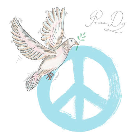 Hand drawn peace day composition: blue symbol and dove bird over texture backgroundのイラスト素材