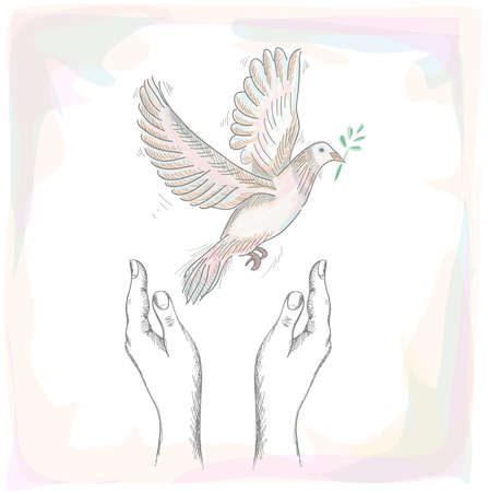 Sketch style human hands with peace symbol dove illustration over texture backgroundのイラスト素材
