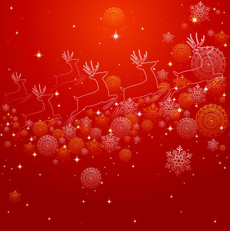 Merry Christmas red composition made with reindeer shapes, snowflakes and winter elementsのイラスト素材