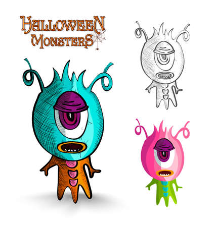 Halloween monsters spooky one eye freak set. EPS10 Vector file organized in layers for easy editing.のイラスト素材