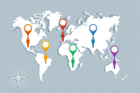 World map, geo position pointers and men figures illustration. EPS10 vector file organized in layers for easy editing.のイラスト素材