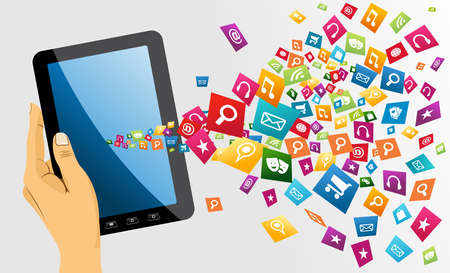 Human hand holds electronic tablet computer applications icons splash composition. EPS10 vector file organized in layers for easy editing.のイラスト素材