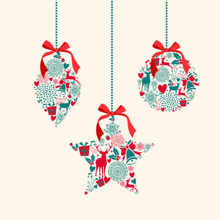 Merry Christmas hanging baubles decoration elements composition. Vector file organized in layers for easy editing.
のイラスト素材