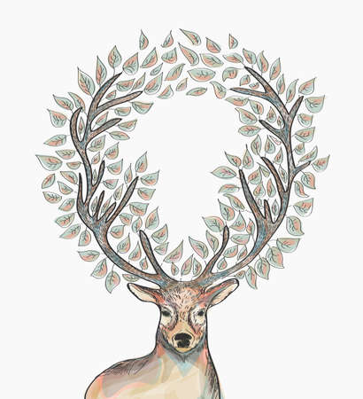 Trendy hipster reindeer with circle leaves Merry Christmas composition.  file with transparency for easy editing.のイラスト素材