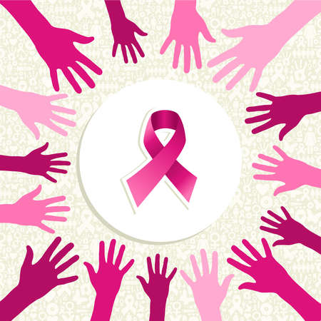 Breast cancer awareness ribbon elements women hands circle shape composition. Vector file organized in layers for easy editing. のイラスト素材