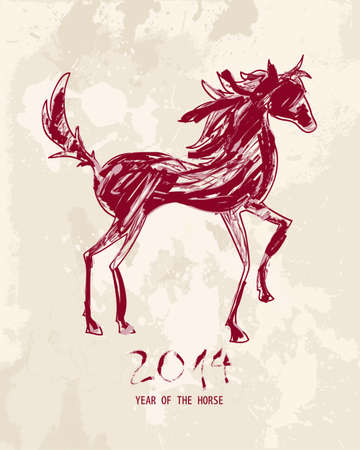 2014 Chinese New Year of the Horse illustration: Sketch style drawing with grunge background. Vector file organized in layers for easy editing.のイラスト素材