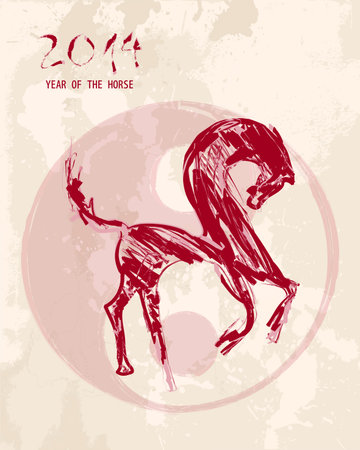 Chinese New Year of the Horse 2014 illustration: Sketch style brush drawing with ying yang grunge background. Vector file organized in layers for easy editing.のイラスト素材