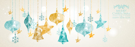 Christmas holiday greeting banner card hanging baubles triangles origami illustration. EPS10 vector file organized in layers for easy editing.のイラスト素材