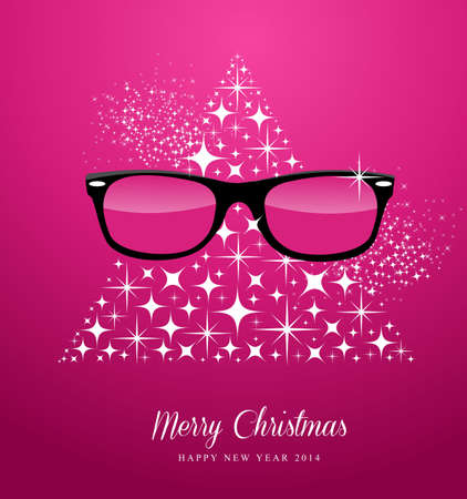 Merry Christmas and Happy New Year 2014 hipster glasses over stars tree composition card. EPS10 vector file organized in layers for easy editing.のイラスト素材