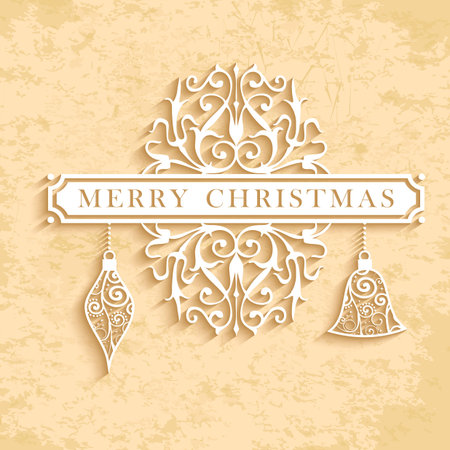 Merry Christmas retro label hanging baubles with vintage background. EPS10 vector file organized in layers for easy editing.のイラスト素材