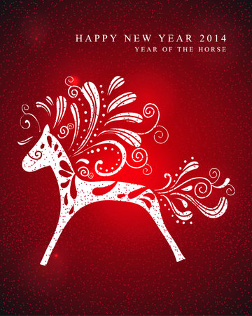 2014 Chinese New Year of the Horse cute ornament silhouette in red backgroundのイラスト素材