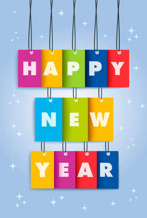 Happy new year 2014 colorful 3D hangtag greeting card illustration.のイラスト素材