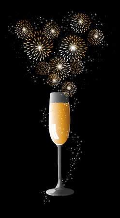 Happy new year 2014 holidays champagne flute with fireworks sparkles greeting card background. のイラスト素材