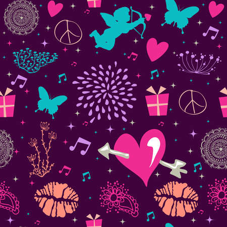 Colorful Valentines day elements seamless pattern, file organized in layers for easy editing のイラスト素材