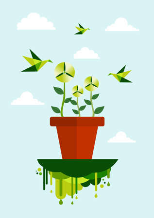 Green environment flower pot and wind turbine concept illustration. のイラスト素材