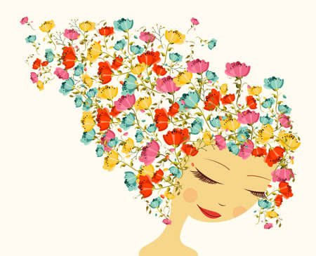 Beautiful woman portrait, flowers season hair composition. のイラスト素材