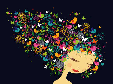 Beautiful fashion women abstract hair flower and bird composition. Summer and springtime concept. のイラスト素材