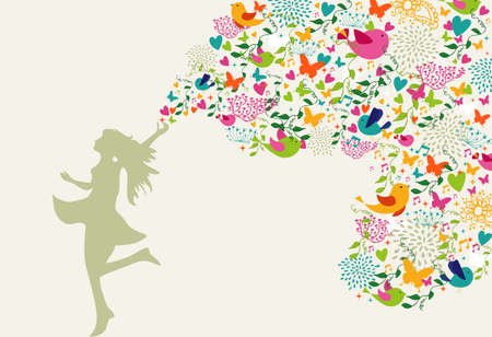 Beautiful woman silhouette, summer time colorful elements composition. のイラスト素材