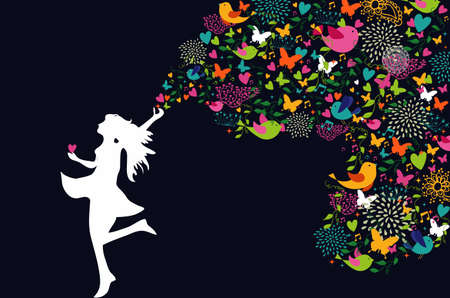 Beautiful woman silhouette, summer elements composition. のイラスト素材