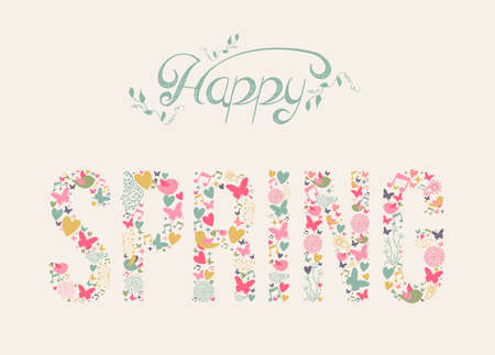 Happy Spring greeting card with colorful elements composition. のイラスト素材
