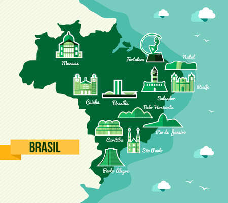 Soccer championship Brazil map with landmark of cities. EPS10 vector organized in layers for easy editing.のイラスト素材