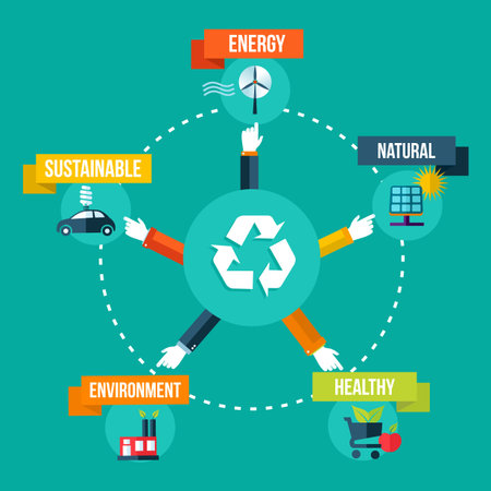 Go green recycling hands with eco icons infographic flat design background illustration  EPS10...