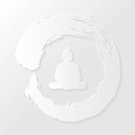 Clean Enso Zen circle illustration and Buddha silhouette with drop shadow over white background. のイラスト素材