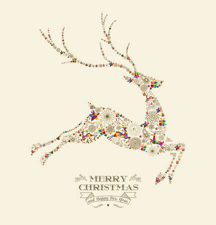 Merry Christmas and happy new year greeting card. Jumping reindeer shape in vintage retro style illustration. のイラスト素材