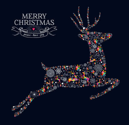 Merry Christmas greeting card. Jumping reindeer shape in vintage retro style illustration.のイラスト素材