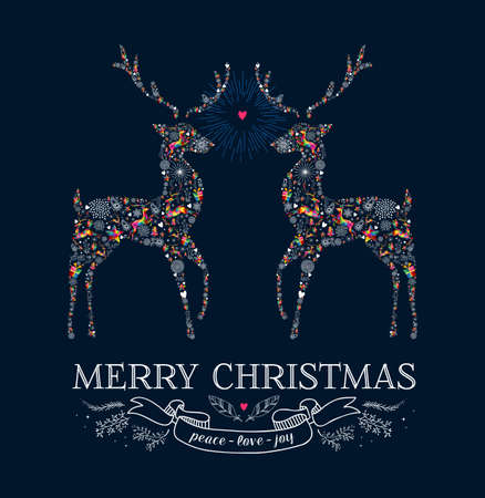 Merry Christmas greeting card. Reindeers shape in love vintage illustration. のイラスト素材