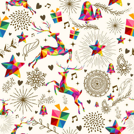 Christmas vintage retro style seamless pattern. Colorful triangles with grunge texture reindeer and snowflakes composition. のイラスト素材