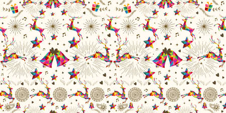 Christmas vintage retro style seamless pattern wrapping paper. Colorful triangles with grunge texture reindeer and snowflakes composition. のイラスト素材