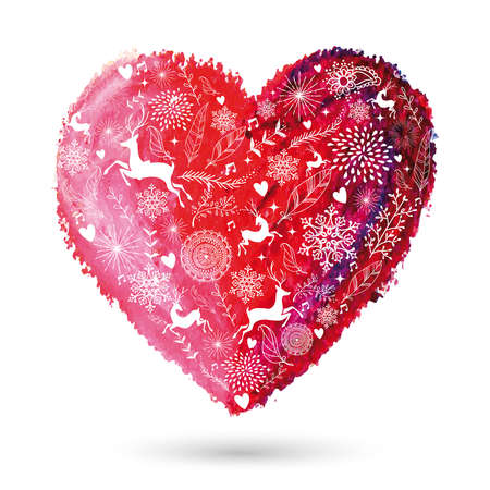 Christmas elements over oilpastel hand drawn art love heart. のイラスト素材