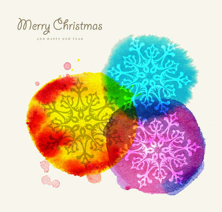 Merry Christmas greeting card colorful hand drawn with watercolor dot and snowflakes composition. EPS10 vector file organized in layers for easy editing.のイラスト素材