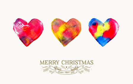 Merry Christmas colorful hand drawn watercolor heart love greeting card c. EPS10 vector file organized in layers for easy editing.のイラスト素材