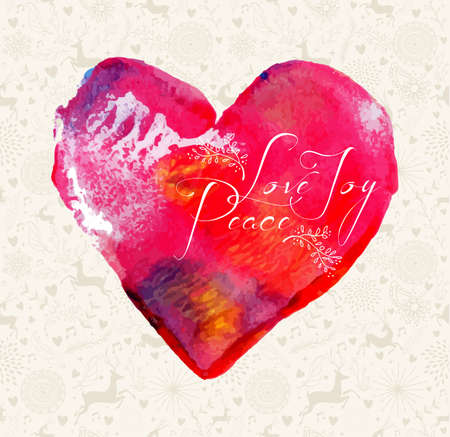 Merry Christmas love, peace, joy greeting card over colorful hand drawn watercolor heart illustration. EPS10 vector file organized in layers for easy editing.のイラスト素材