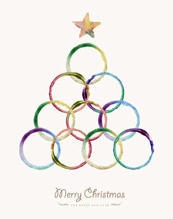 Merry Christmas greeting card with colorful circle hand drawn watercolor tree shape. EPS10 vector file organized in layers for easy editing.のイラスト素材