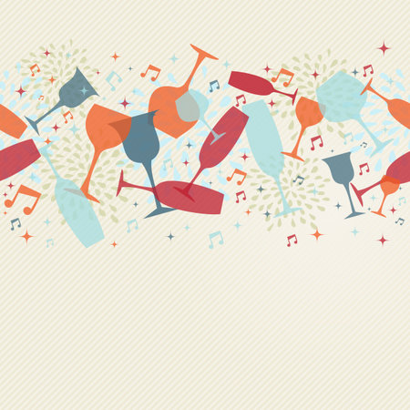 Drink and cocktail glasses seamless pattern banner. Design for cover menu, wine list or restaurant card. EPS10 transparent vector file organized in layers for easy editing.のイラスト素材