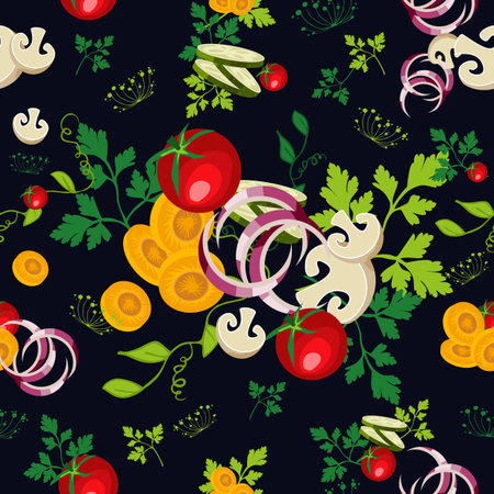 Healthy food seamless pattern design for vegetarian restaurant menu cover or salad bar. EPS10 vector file in layers for easy editing.のイラスト素材