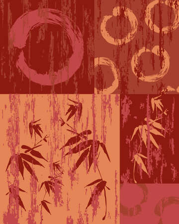 Zen circle and bamboo silhouette over vintage wood patchwork poster background. Useful for decorative art or textile print pattern.のイラスト素材