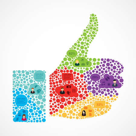 Colorful Social media team work user infographic on thumb up shape concept. vector file organized in layers for easy editing.のイラスト素材