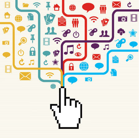 Colorful Social media network access concept with hand pointer pixel. EPS10 vector file with transparency layers.のイラスト素材